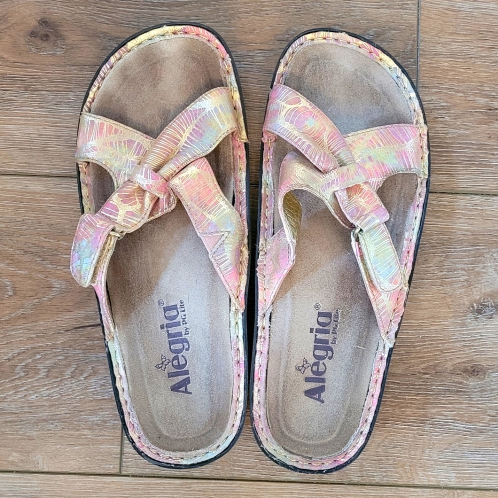 Alegria Slide Sandals with Tropical Gold Print Size 37